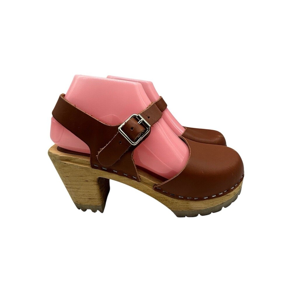 MIA Abba Womens 38/ 7.5 Shoe Brown Leather Slingback Swedish Clog Heel Sandals